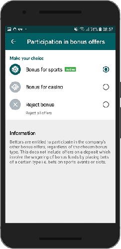Snimka zaslona mobilnog uređaja s opcijama bonusa 22bet